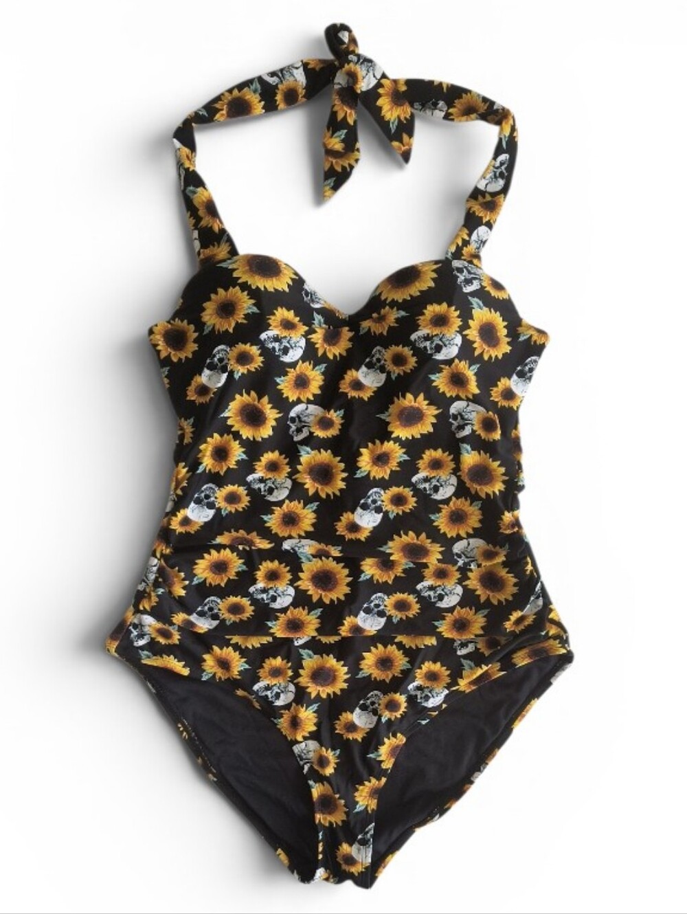 Hot Topic Sunflowers & Skulls Halter Tie One Piece Swimsuit Size M